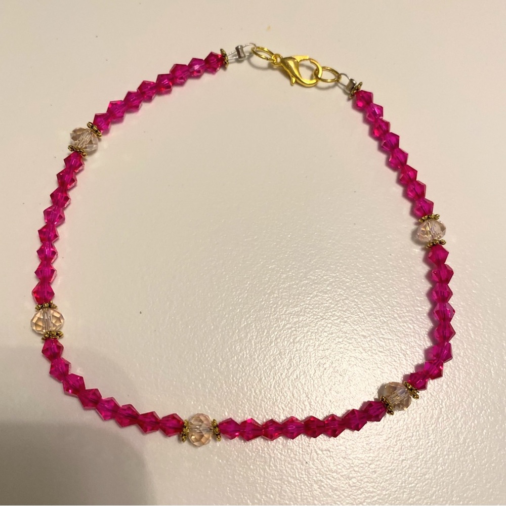 Pink Crystal Beaded Ankle Bracelet - Gold Clasp